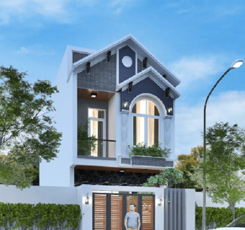 Nhà phố 2 tầng có thiết kế mái thái giật cấp kiểu chữ A, dưới mái có khóa vòm cong mang nét mềm mại trong kiến trúc biệt thự pháp phong cách tân cổ điển. Ảnh: Thietkenhadepmoi.