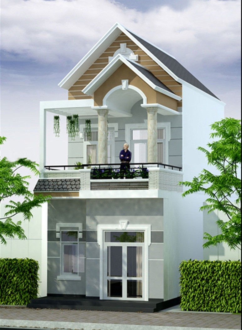 Mặt tiền ấn tượng với kiểu mái thái truyền thống. Tầng 1 thiết kế đơn giản với cửa kính, tầng 2 có ban công nhỏ trồng hoa. Ảnh: Arcviet.