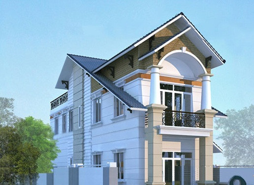 Nhà 2 tầng mái thái tập trung vào các bức tường, nổi bật là sự ngăn chia không gian bởi các chi tiết phào chỉ. Ảnh: Maunhadepmoi.