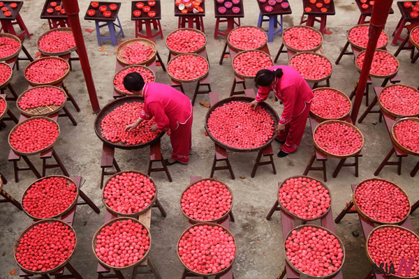 Làng Sihua, thị trấn Phủ Điền, tỉnh Phúc Kiến có truyền thống làm đậu hũ đỏ. Nhưng viên đậu hũ đỏ được chuẩn bị cho lễ 'Er Yue Er' vào ngày 2/2 âm lịch hằng năm để cầu may mắn. Ảnh: Theasian.