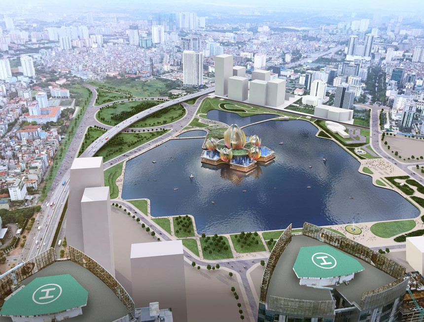 Phối cảnh công viên và nhà hát nằm ở mặt nước. Ảnh: UBND TP. Hà Nội.