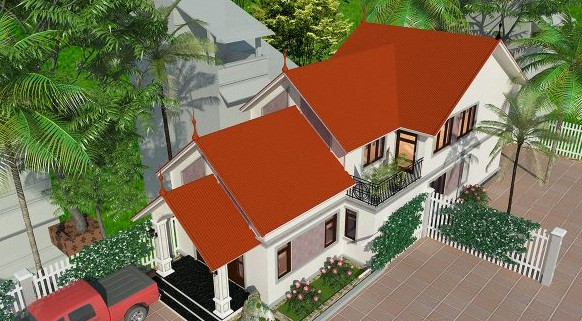 Phần mái được đổ mái bằng, đổ riềm mái và lợp ngói để tiết kiệm phần nào chi phí thi công. Ảnh: Thietkethicongnhadep.