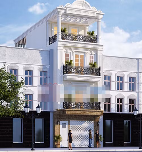 Vẻ đẹp của dòng kiến trúc cổ điển xa hoa và sang trọng được tái hiện một cách chân thực tại mặt tiền của nhà ống 4 tầng kiểu Pháp. Ảnh: Xaydungminhlong.
