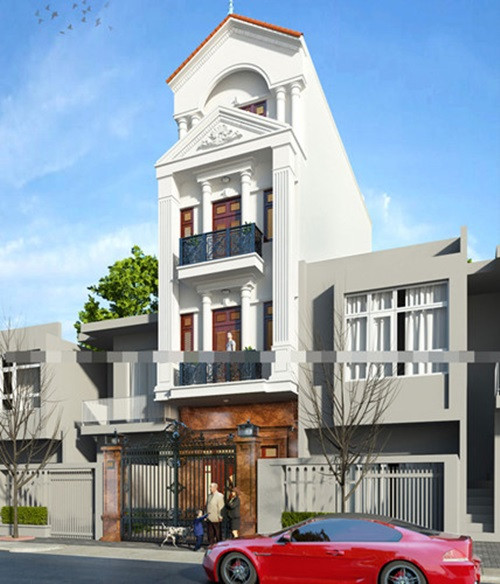 Mẫu thiết kế nhà ống phong cách cổ điển với màu trắng chủ đạo kết hợp mái ngói đỏ giúp căn nhà bừng sáng và nổi bật. Ảnh: Nhabepdonga.