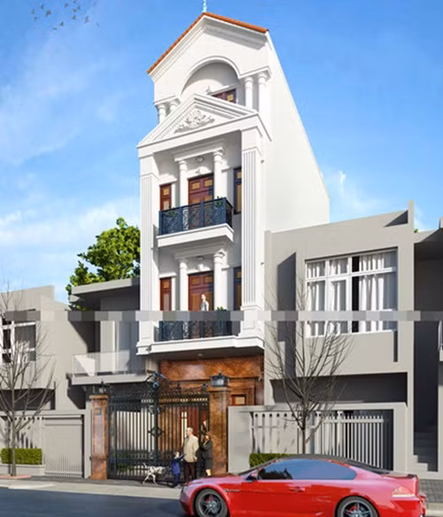 Mẫu thiết kế nhà ống phong cách cổ điển với màu trắng chủ đạo kết hợp mái ngói đỏ giúp căn nhà bừng sáng và nổi bật. Ảnh: Nhabepdonga.