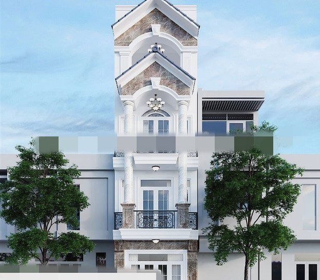 Nhà phố tân cổ điển đẹp với mảng khối khỏe khoắn, kết hợp cửa kính mái vòm và lan can họa tiết. Ảnh: Nhalouis.