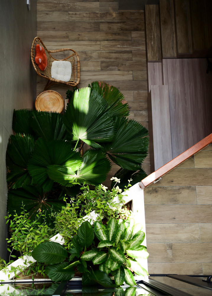 Giếng trời xuyên suốt từ tầng 1 lên tầng trên vừa giúp đón sáng tự nhiên, thông gió vừa khắc phục tình trạng bí bách của nhà ống 3 tầng. 