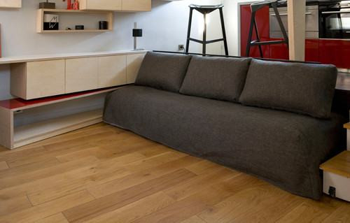 Bên dưới là khu vực sinh hoạt chính gồm có ghế sofa kiêm giường ngủ và bàn làm việc.