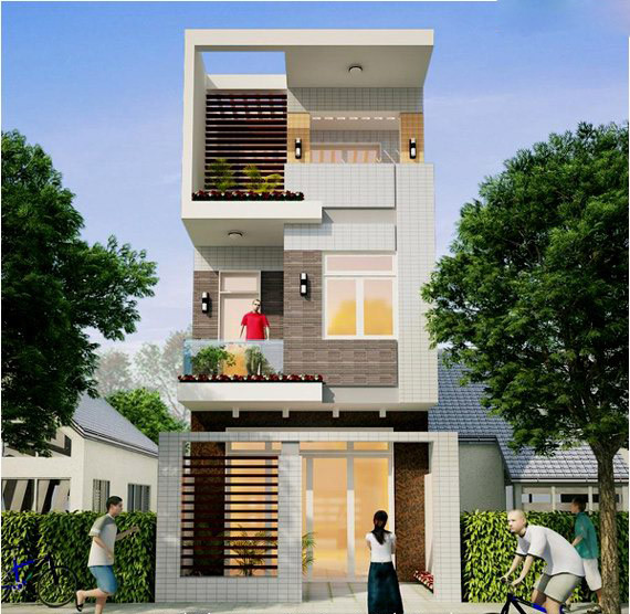 Nhà ống mái bằng tạo cảm giác liền khối, vuông vức tiết kiệm chi phí, lại có thể tận dụng sân thượng để trồng cây. Ảnh: Xaynhapho.