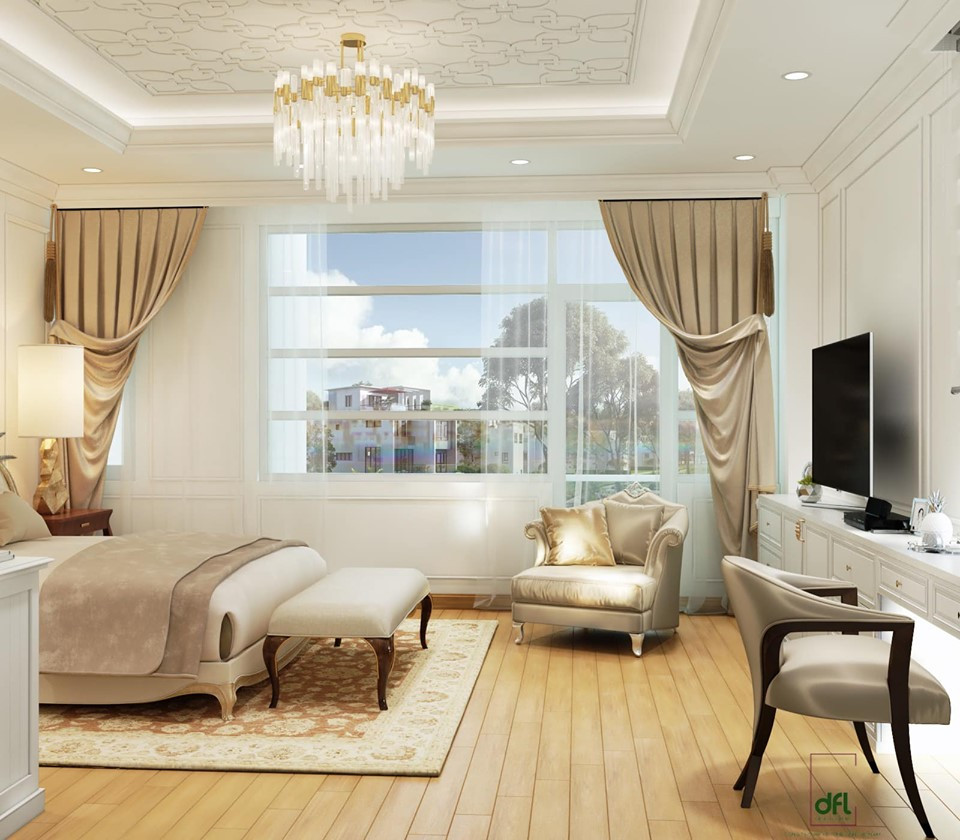 Phòng ngủ sang trọng với sàn gỗ và cửa sổ rộng, tạo tầm nhìn tuyệt đẹp.