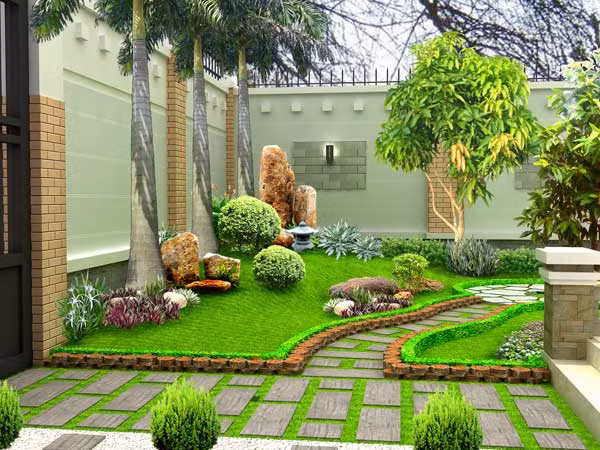 Bức tường đá hay lát gạch cho cảm giác mát mẻ, cùng với những chậu cây xanh, hoa lá xinh là ý tưởng hoàn hảo cho không gian sân vườn thêm thoáng đãng. Ảnh: Tieucanhhoangia.