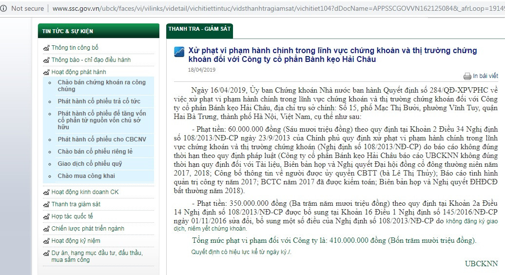 Vi pham chung khoan, Banh keo Hai Chau bi phat hon 400 trieu