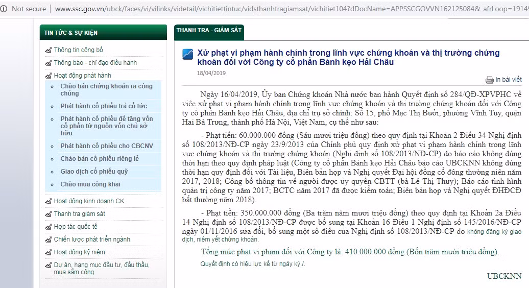 Vi pham chung khoan, Banh keo Hai Chau bi phat hon 400 trieu