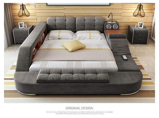 Giường đa năng tích hợp ghế massage, âm thanh nổi, két an toàn, tai nghe, nơi làm việc, giá sách, đèn...