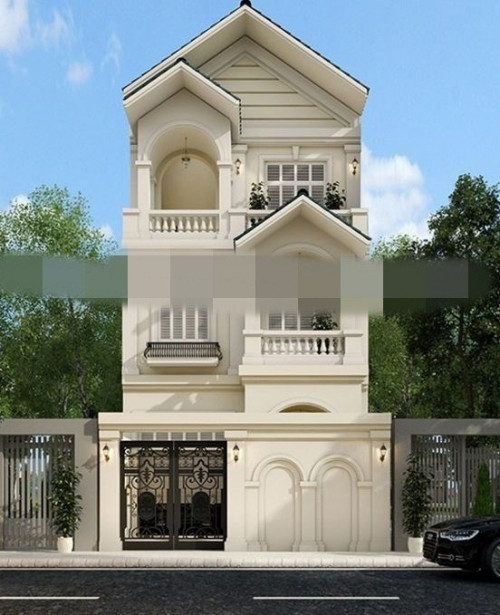 Nhà phố kiến trúc tân cổ điển có sân để xe hơi rộng rãi, 3 phòng ngủ thông thoáng và phòng khách có giếng trời mát mẻ. Ảnh: Kientrucnhaviet.