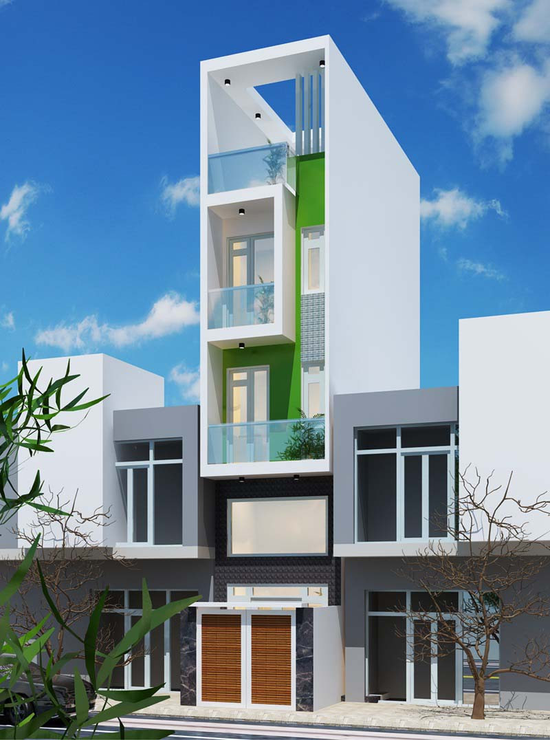 Nhà 3 tầng nổi bật với các mảng miếng vuông và chữ nhật đơn giản đặc trưng của phong cách hiện đại. Ảnh: Arcviet.