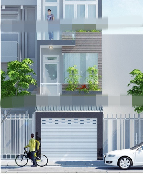 Nhà ống 3 tầng 1 tum có gara mang phong cách kiến trúc trẻ trung với sự gọn gàng của khối hình đơn giản. Ảnh: Xaydungbietthudep.
