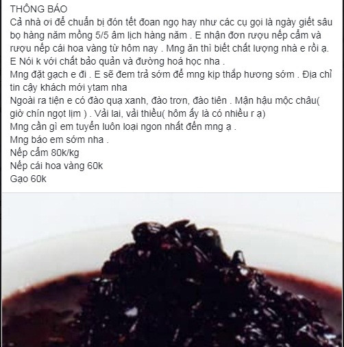 Trong khi đó, chị Nga sống tại một khu chung cư ở Thanh Trì cũng tranh thủ nhận đơn đặt hàng rượu nếp cho dịp Tết Đoan Ngọ. Chị Nga chỉ nhận đơn trong 2 ngày 4-5/5 âm lịch. Ảnh chụp màn hình.