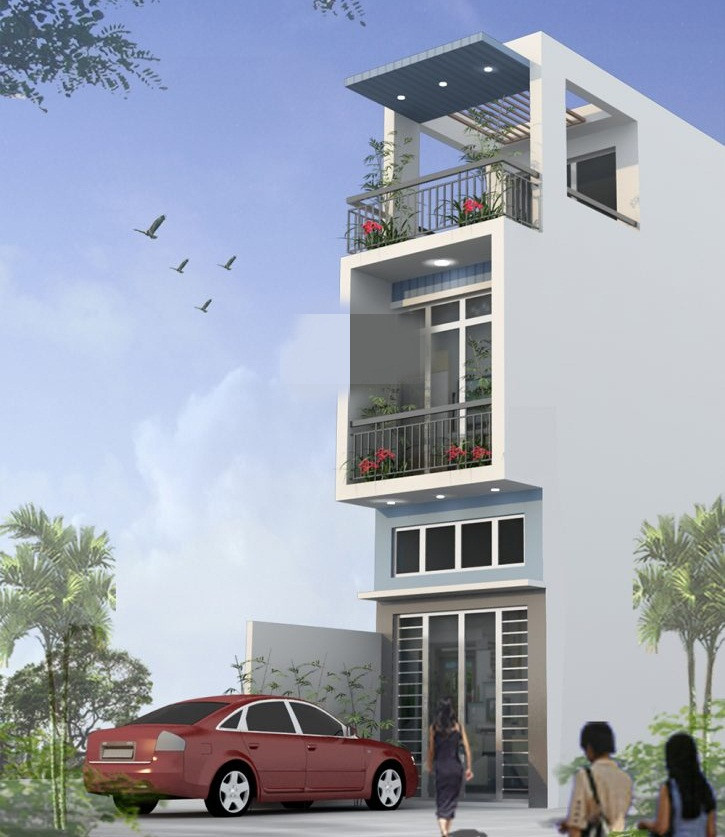 Thiết kế mặt tiền đơn giản bằng hình khối mạnh mẽ nhưng vẫn nổi bật với gam màu lạnh xanh – trắng. Ảnh: Apdesign.