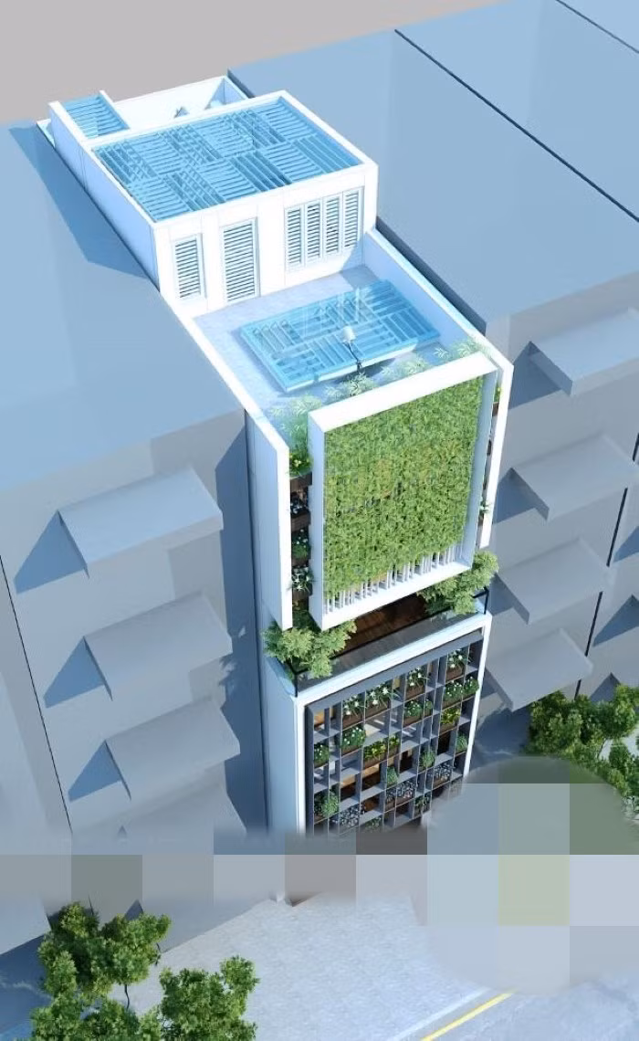 Điểm nhấn của ngôi nhà nằm ở mặt tiền bao phủ cây xanh. Ảnh: Thietkekientruc.