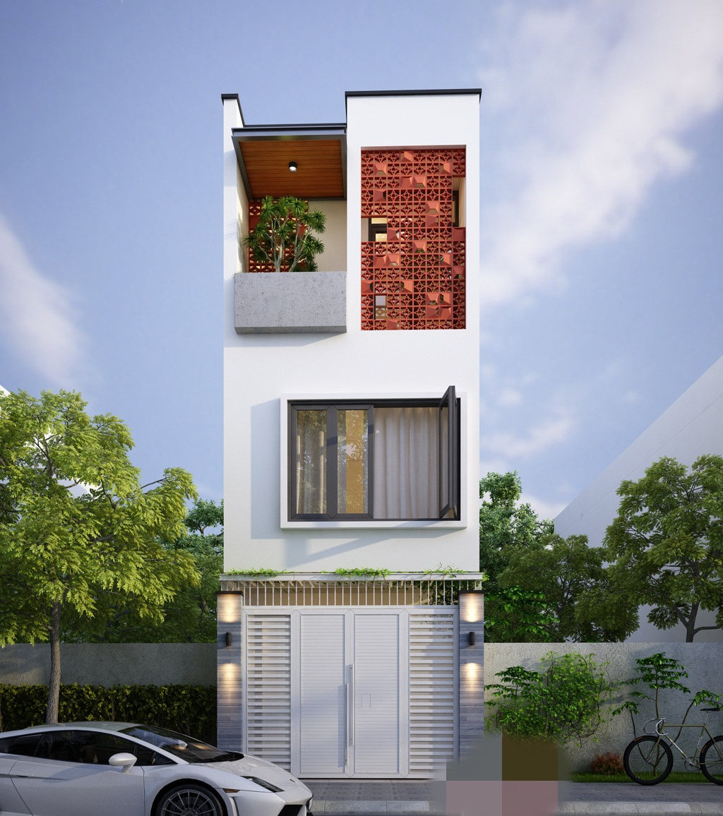 Các hình khối, mảng miếng đặc rỗng theo chiều ngang nhằm đánh lừa thị giác và tạo cảm giác rộng hơn cho mặt tiền căn nhà. Ảnh: Kientrucmoi.