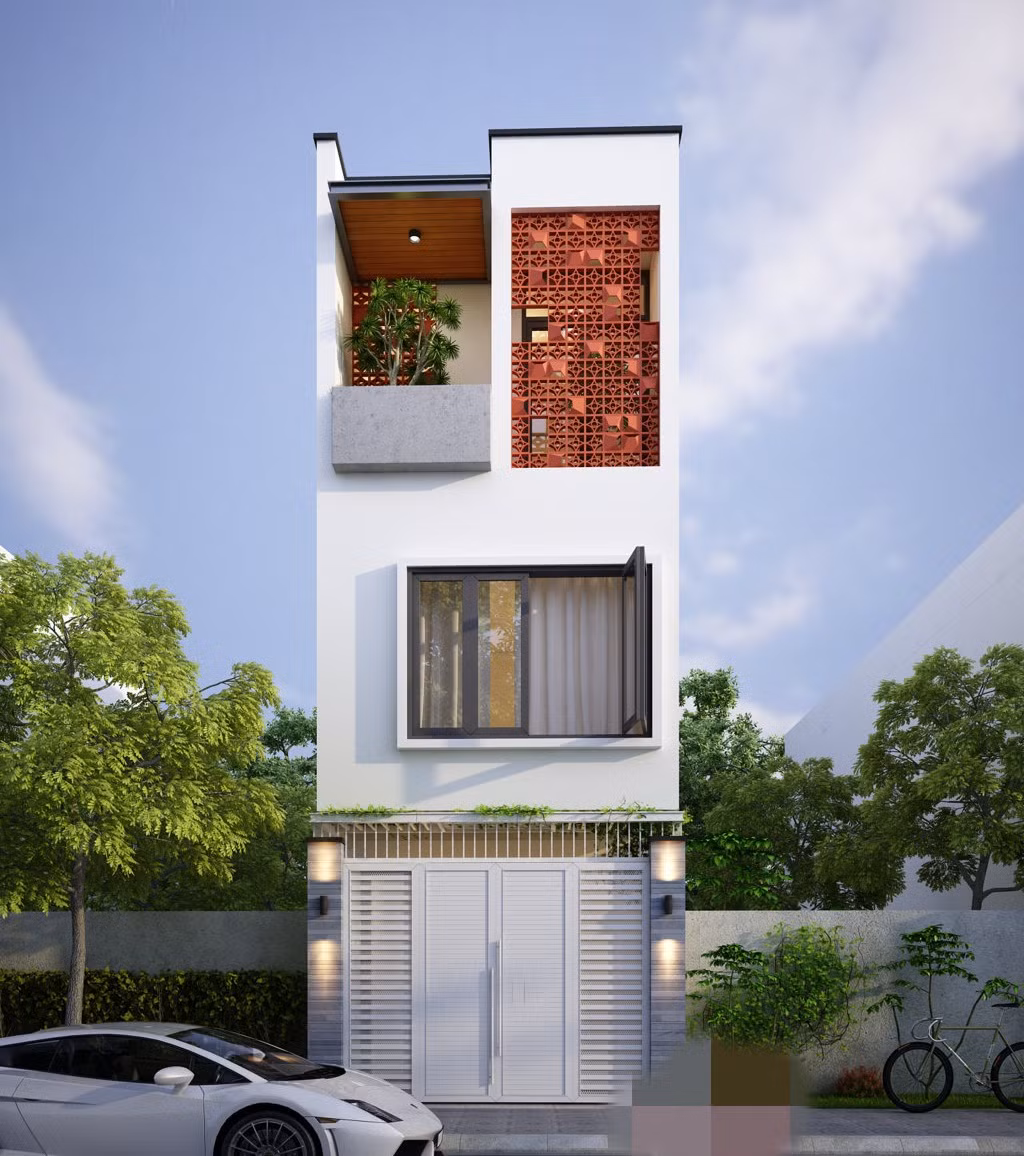 Các hình khối, mảng miếng đặc rỗng theo chiều ngang nhằm đánh lừa thị giác và tạo cảm giác rộng hơn cho mặt tiền căn nhà. Ảnh: Kientrucmoi.