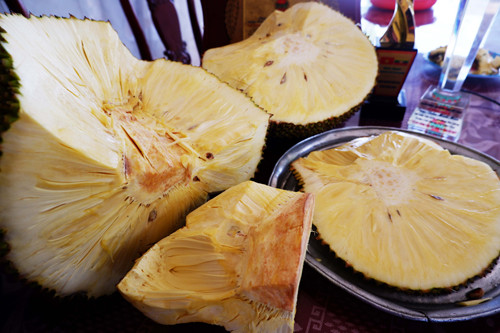 Nhắc đến những trái cây độc lạ của nông dân Việt không thể bỏ qua giống mít không hạt do lão nông Trần Minh Mẫn (trú tại quận Cái Răng, thành phố Cần Thơ) trồng và nhân giống thành công. Khác với mít thông thường, loại mít này có xơ và múi đều ăn được. Ảnh: Bizmedia.