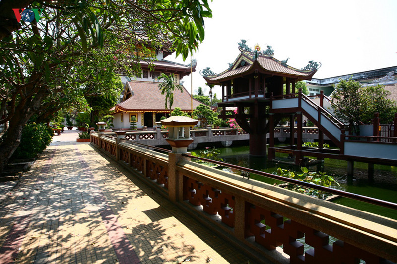 Khuôn viên chùa rợp bóng cây xanh, nhiều nhất là cây hoa đại, một loài hoa quen thuộc trong các công trình kiến trúc Phật giáo.