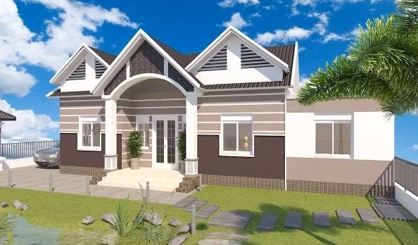 Với diện tích 105m2, ngôi nhà dành nhiều diện tích cho sân vườn với thảm cỏ xanh. Ảnh: Thietthethicongnhadep.