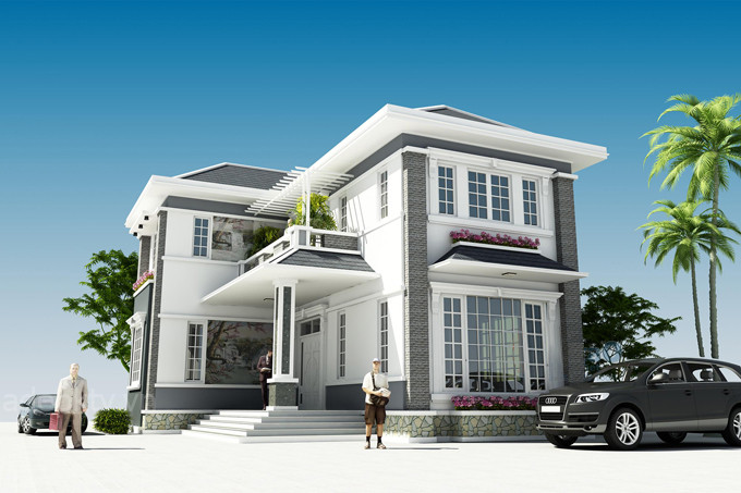 Nhà chữ L ghi điểm với gam màu trắng ghi nhẹ nhàng. Ảnh: Holcim.