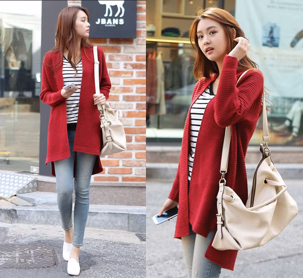 Cardigan dáng dài có thể phối cùng áo sơ mi, chân váy mini hay váy liền thân tùy theo ý thích. Cô nàng dáng cao và thanh mảnh rất hợp với phong cách này.