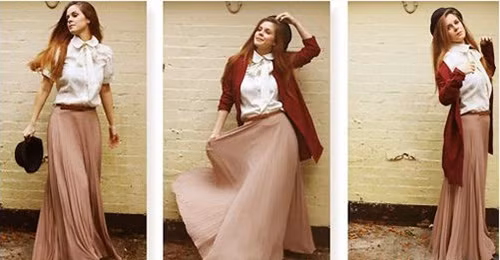 Váy maxi. Phong cách lãng mạn với váy dài chấm gối rất hơp thời tiết nhẹ nhàng mùa thu. Tuy nhiên, một chiếc váy maxi theo phong cách cổ điển sẽ hợp mùa hơn là váy maxi hiện đại.