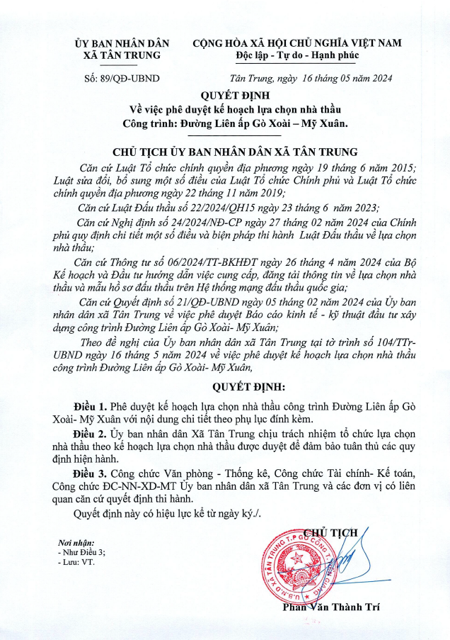 Tien Giang: Tim nha thau thi cong Duong Lien ap Go Xoai- My Xuan