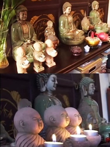 Ba bức tượng Phật có tuổi thọ hợn 80 năm được gia chủ đặt ngay ngắn trong nhà, biểu tượng cho 3 sự cầu siêu khác nhau.