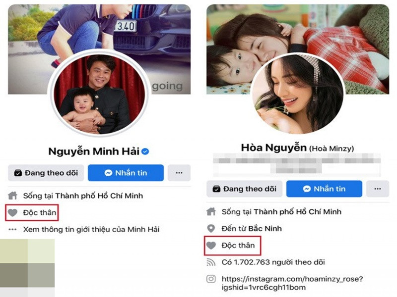 Cả hai vừa bị soi vẫn để chế độ độc thân trên Facebook dù đã có con chung. Một số người cho rằng có khả năng Hòa Minzy và Minh Hải giữ chế độ này từ trước và chưa thay đổi. Ảnh: Giao thông