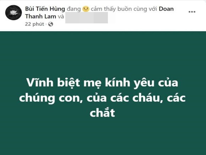 Bác sĩ Bùi Tiến Hùng đau buồn thông báo mẹ qua đời trên trang cá nhân. Ảnh: Công lý và xã hội
