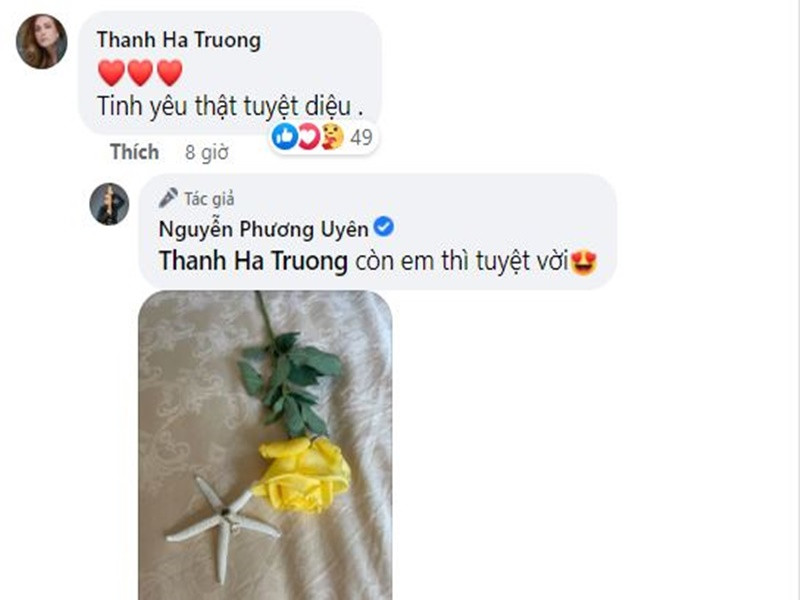 Dưới bài đăng công khai hẹn hò của Phương Uyên, Thanh Hà để lại bình luận: "Tình yêu thật tuyệt diệu". Phương Uyên đáp lại: "Còn em thì tuyệt vời".