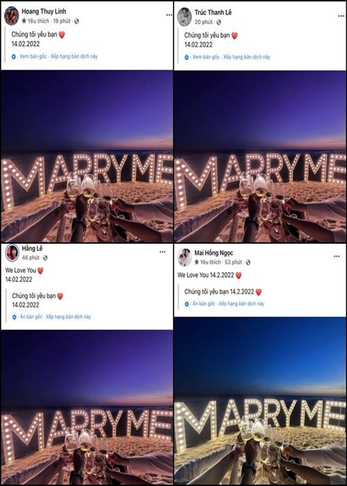 Mới đây, hội bạn thân của Vbiz gồm: Minh Hằng, Hoàng Thùy Linh, Gil Lê, Noo Phước Thịnh, Phạm Quỳnh Anh, Đông Nhi...đồng loạt đăng tải hình ảnh một buổi cầu hôn trên bãi biển kèm chú thích tạm dịch: "Chúng tôi yêu bạn". Nhiều người đặt nghi vấn một thành viên trong nhóm được cầu hôn. Ảnh: Vietnamnet