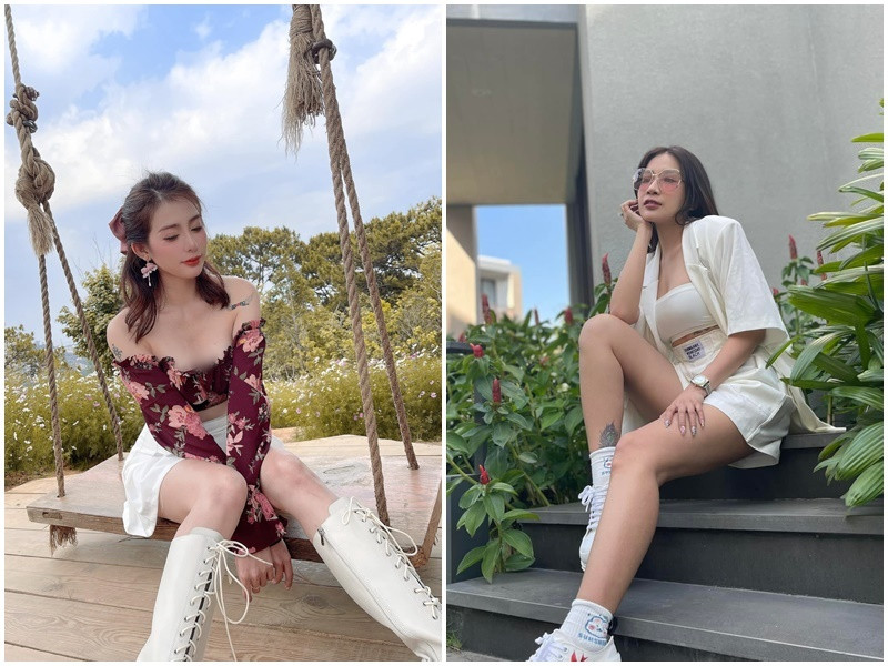 Cả hai ăn mặc trẻ trung, sành điệu không kém cạnh nhau.