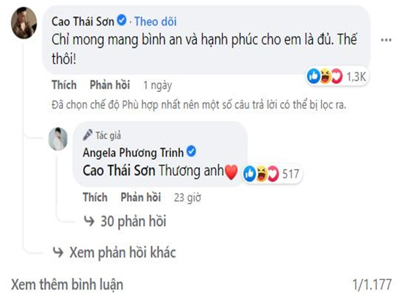 Angela Phương Trinh nói thương Cao Thái Sơn khi anh chia sẻ: "Chỉ mong mang bình an và hạnh phúc cho em là đủ. Thế thôi".