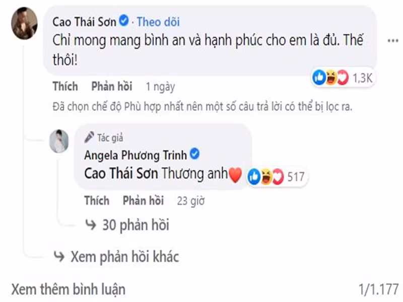 Angela Phương Trinh nói thương Cao Thái Sơn khi anh chia sẻ: "Chỉ mong mang bình an và hạnh phúc cho em là đủ. Thế thôi".