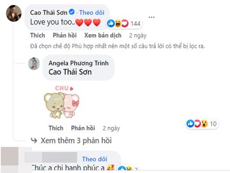 Cao Thái Sơn đáp lại Angela Phương Trinh: "Love you too" (tạm dịch: Anh cũng yêu em).