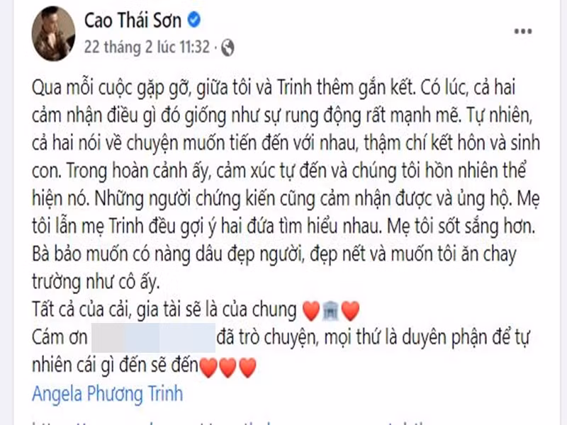 Cao Thái Sơn liên tục nhắc đến Angela Phương Trinh trên mạng xã hội.