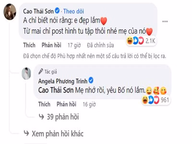 "Anh chỉ biết nói rằng em đẹp lắm. Từ mai chỉ post hình tu tập thôi nhé, mẹ của nó", Cao Thái Sơn viết. "Bà mẹ nhí" đáp lại: "Mẹ nhớ rồi. Yêu bố nó lắm".