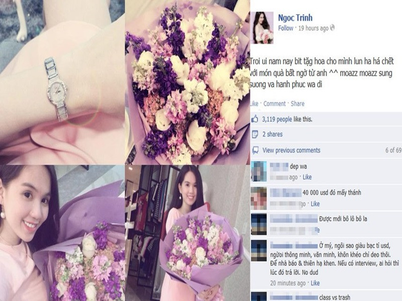 Năm 2014, "Nữ hoàng nội y" Ngọc Trinh đón Valentine lãng mạn với một bó hoa và chiếc đồng hồ hiệu trị giá hơn 800 triệu đồng. Ảnh: FBNV