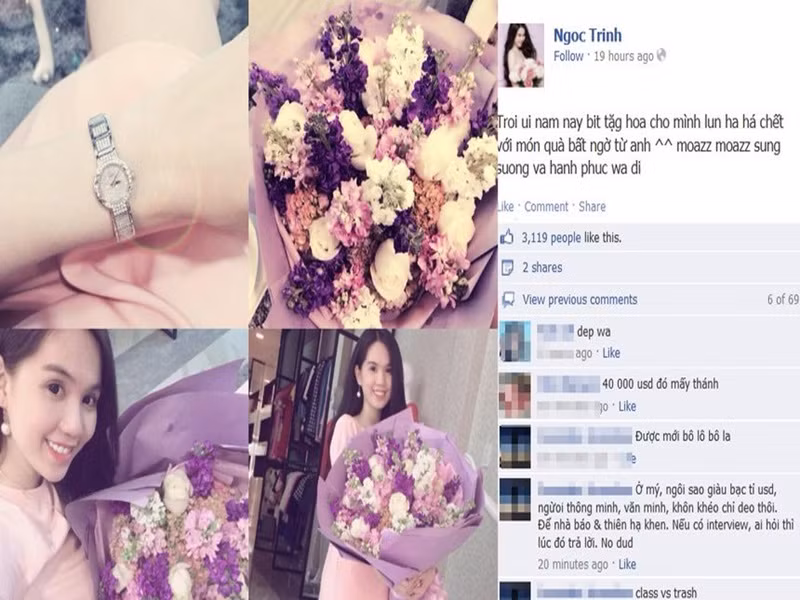 Năm 2014, "Nữ hoàng nội y" Ngọc Trinh đón Valentine lãng mạn với một bó hoa và chiếc đồng hồ hiệu trị giá hơn 800 triệu đồng. Ảnh: FBNV