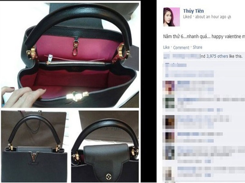 Năm 2014, ca sĩ Thủy cũng nhận được quà khủng từ ông xã Công Vinh cho mùa Valentine. Trên Facebook, nữ ca sĩ tự hào khoe Công Vinh tặng túi hiệu có giá 5.600 USD (gần 120 triệu đồng). Ảnh: FBNV