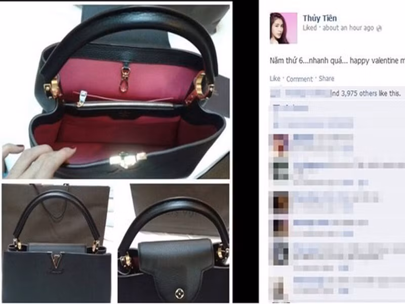 Năm 2014, ca sĩ Thủy cũng nhận được quà khủng từ ông xã Công Vinh cho mùa Valentine. Trên Facebook, nữ ca sĩ tự hào khoe Công Vinh tặng túi hiệu có giá 5.600 USD (gần 120 triệu đồng). Ảnh: FBNV