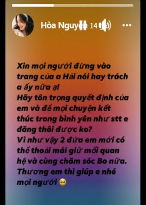 Trên trang cá nhân, Hòa Minzy liên tục lên tiếng để bảo vệ bố của con trai. Nữ ca sĩ mong cư dân mạng không công kích doanh nhân Minh Hải trên trang cá nhân của anh.