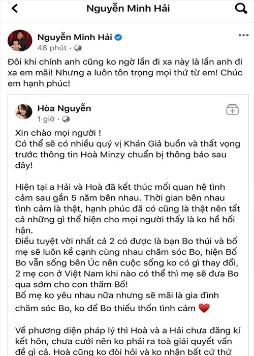 Doanh nhân Minh Hải bày tỏ, anh tôn trọng mọi quyết định của Hòa Minzy và chúc cô hạnh phúc.
